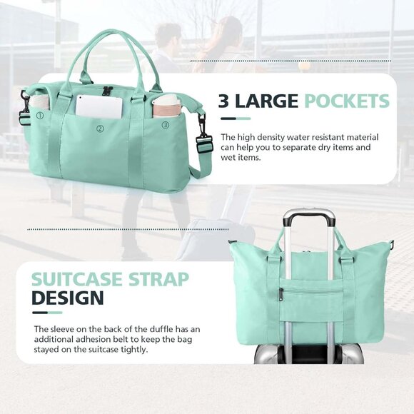 Women Men Cyan Waterproof Carry On Tote Travel Duffle Bag with Trolley Sleeve - Picture 5 of 7